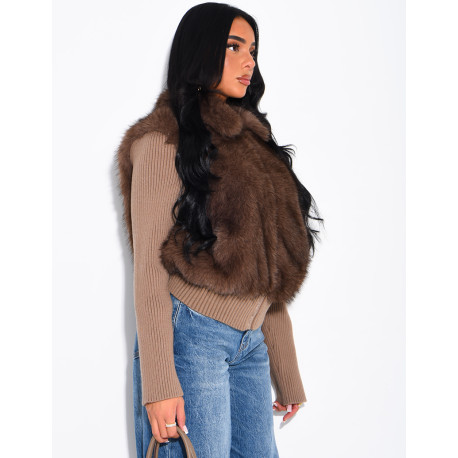 Ribbed knit cardigan with faux fur insert