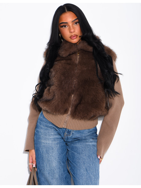 Ribbed knit cardigan with faux fur insert