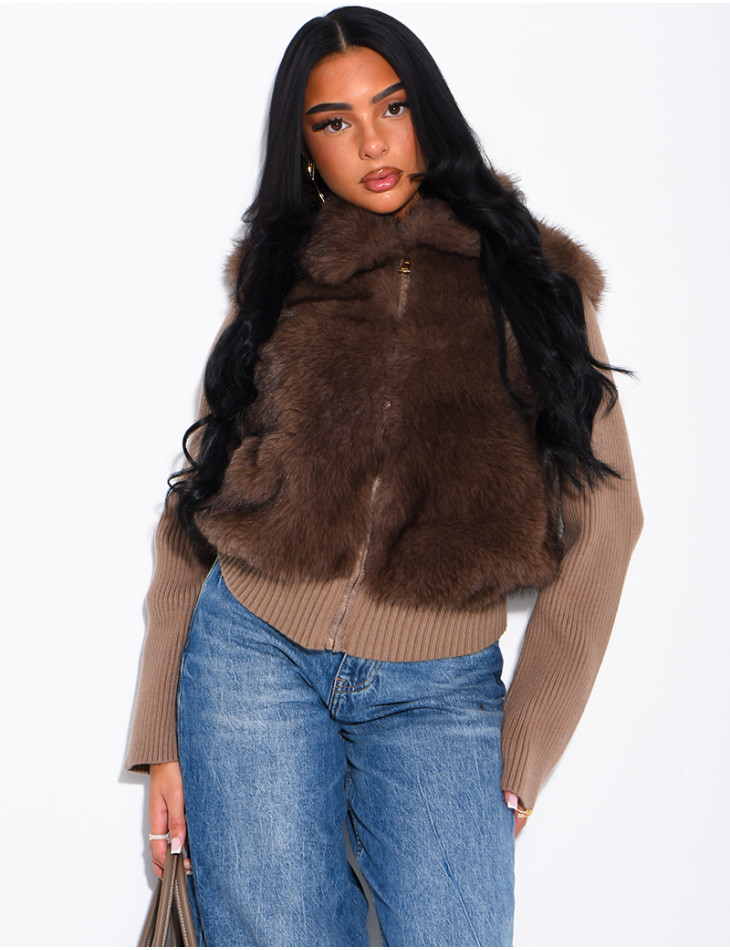 Ribbed knit cardigan with faux fur insert