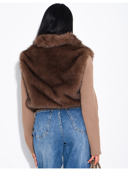 Ribbed knit cardigan with faux fur insert