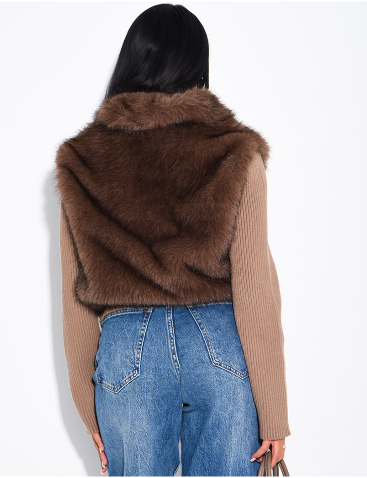 Ribbed knit cardigan with faux fur insert