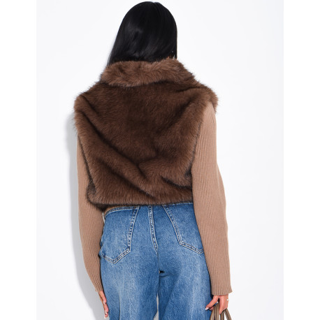 Ribbed knit cardigan with faux fur insert