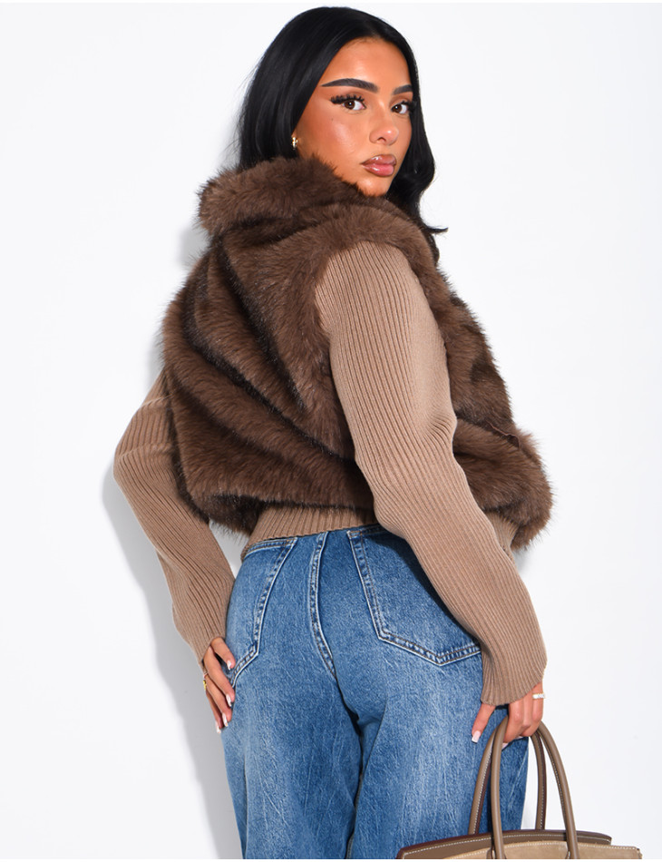 Ribbed knit cardigan with faux fur insert