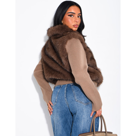 Ribbed knit cardigan with faux fur insert