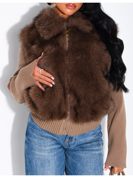 Ribbed knit cardigan with faux fur insert