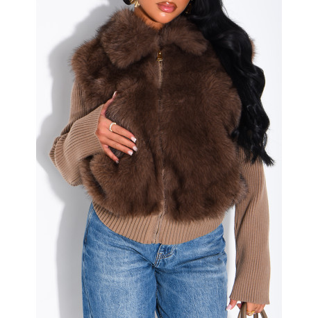 Ribbed knit cardigan with faux fur insert