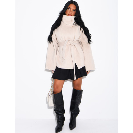 Manteau mi-long premium en laine à col montant