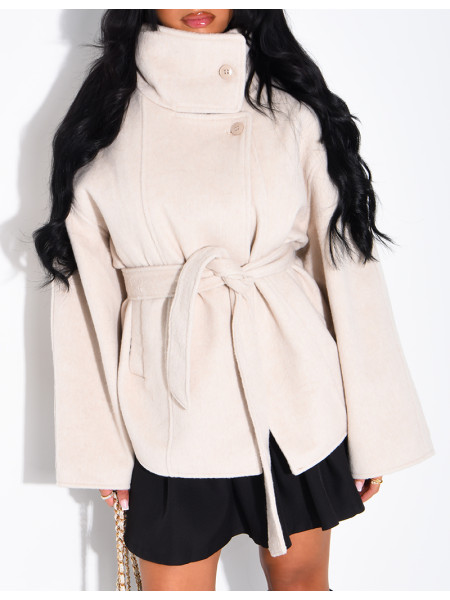 Manteau mi-long premium en laine à col montant