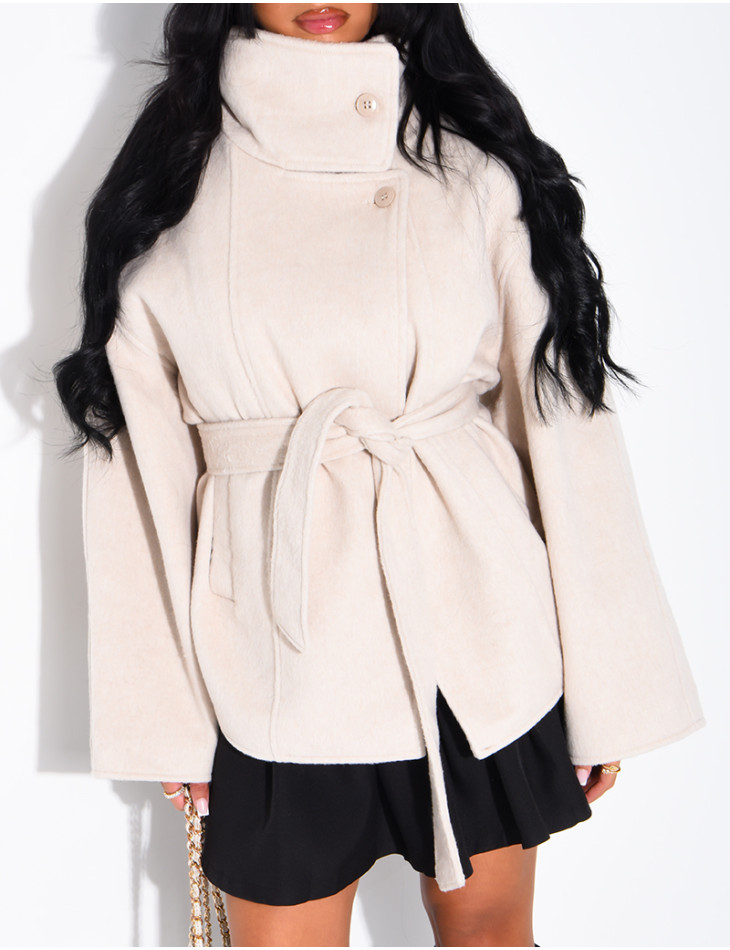 Manteau mi-long premium en laine à col montant