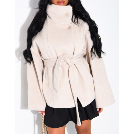 Manteau mi-long premium en laine à col montant