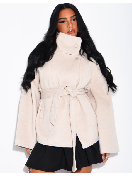 Manteau mi-long premium en laine à col montant