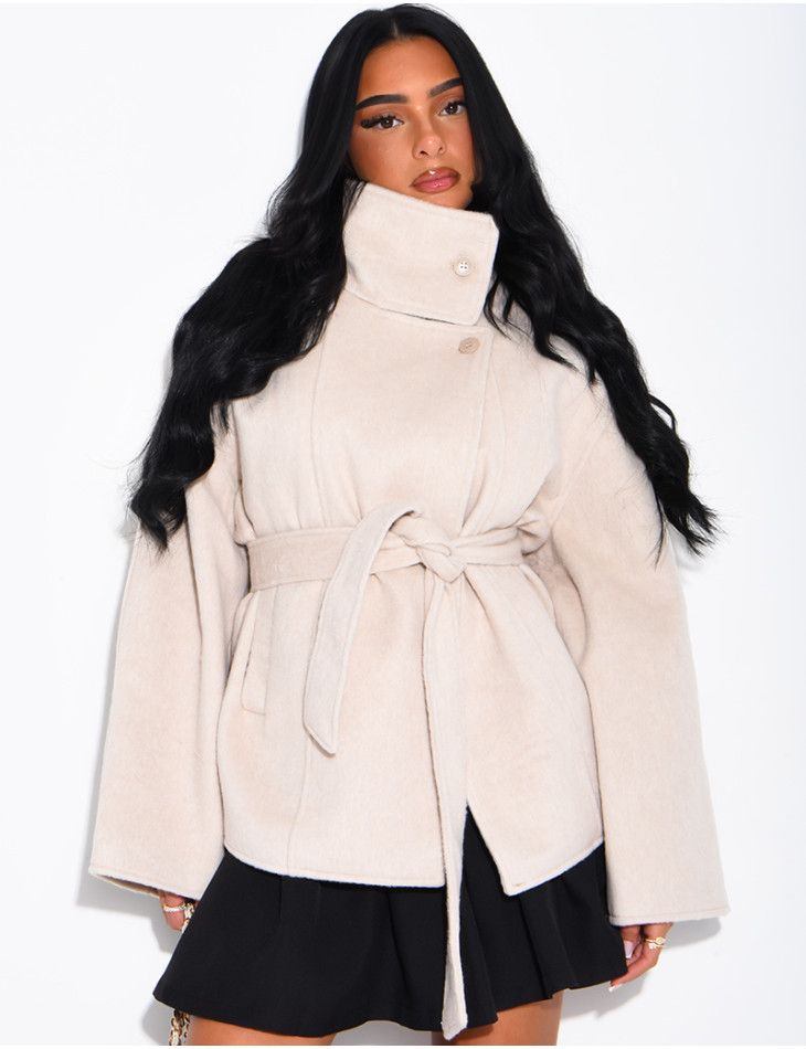 Manteau mi-long premium en laine à col montant