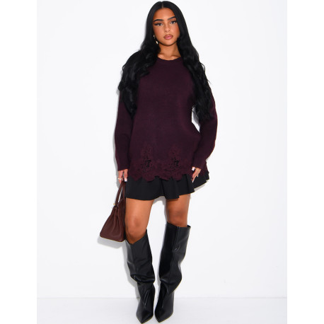 Oversized woollen jumper with lace trims