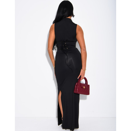 Robe longue moulante col montant à ceinture corset à la taille