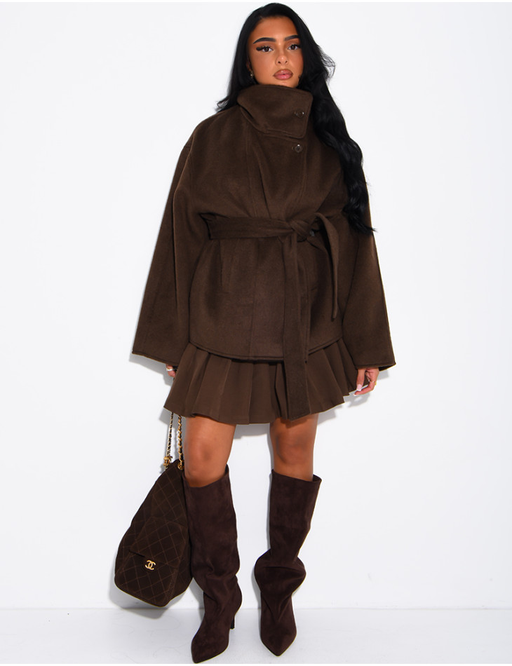 Manteau mi-long premium en laine à col montant