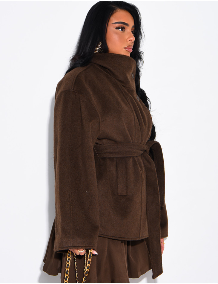 Manteau mi-long premium en laine à col montant