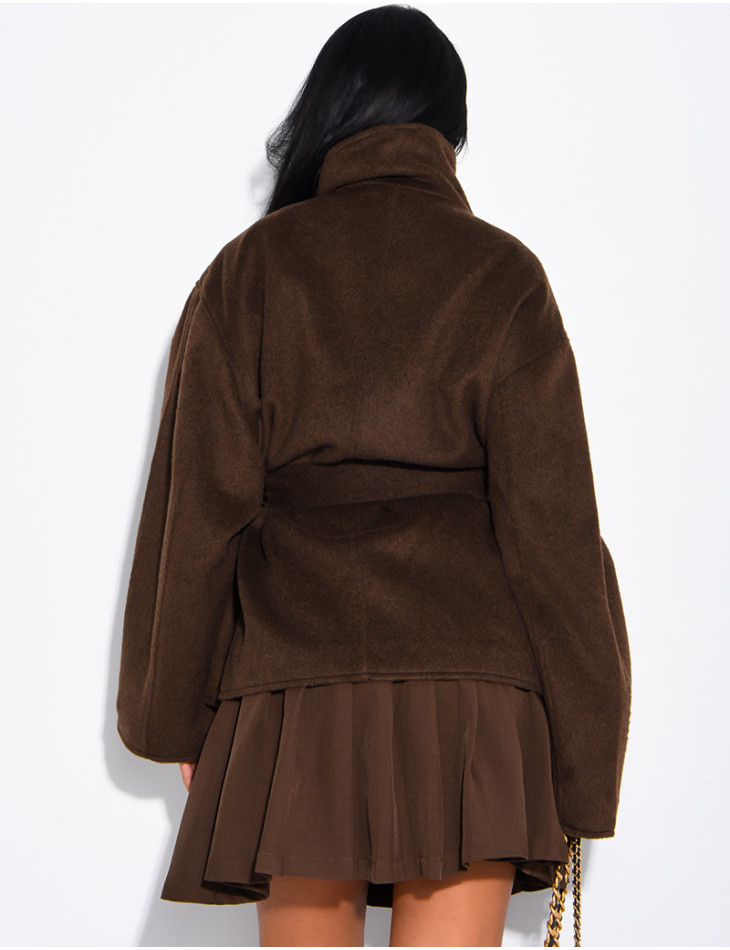 Manteau mi-long premium en laine à col montant