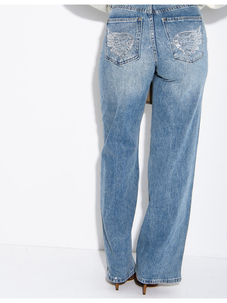 Wide-leg jeans with embroidered wing-shaped sequins