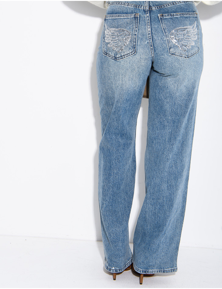 Wide-leg jeans with embroidered wing-shaped sequins