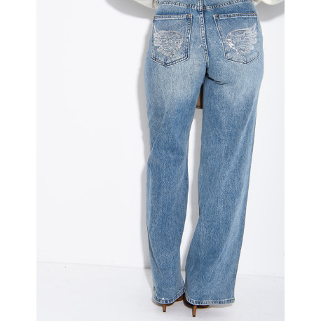 Wide-leg jeans with embroidered wing-shaped sequins