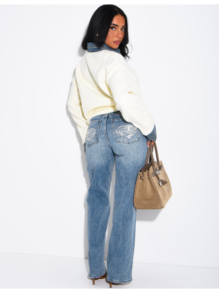 Wide-leg jeans with embroidered wing-shaped sequins