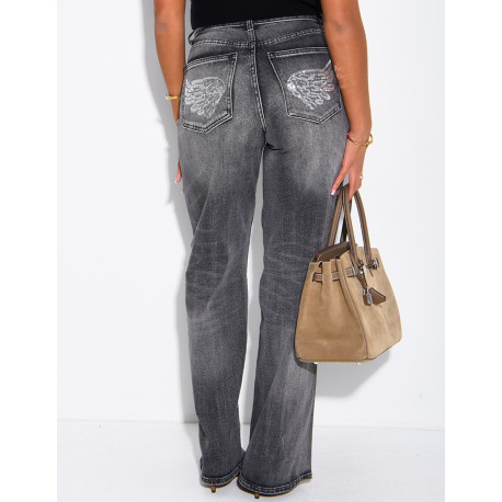 Wide-leg jeans with embroidered wing-shaped sequins