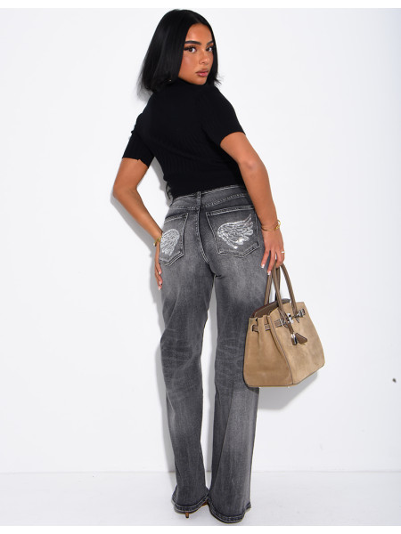 Wide-leg jeans with embroidered wing-shaped sequins