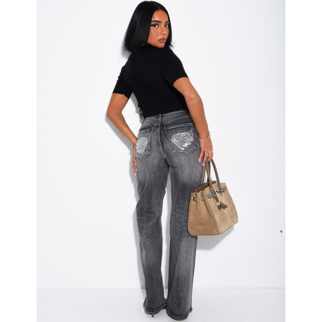 Wide-leg jeans with embroidered wing-shaped sequins