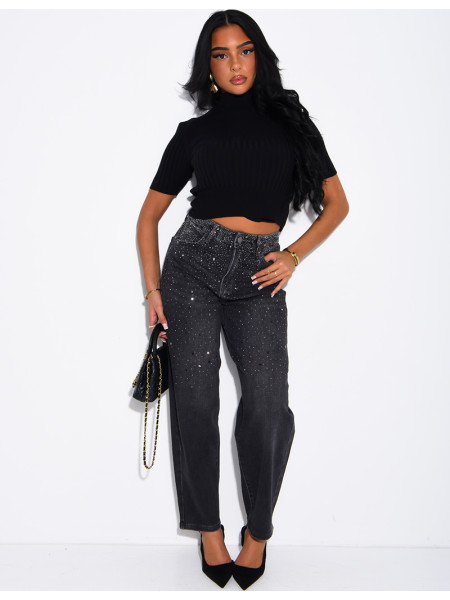 Jeans barrel délavé à strass