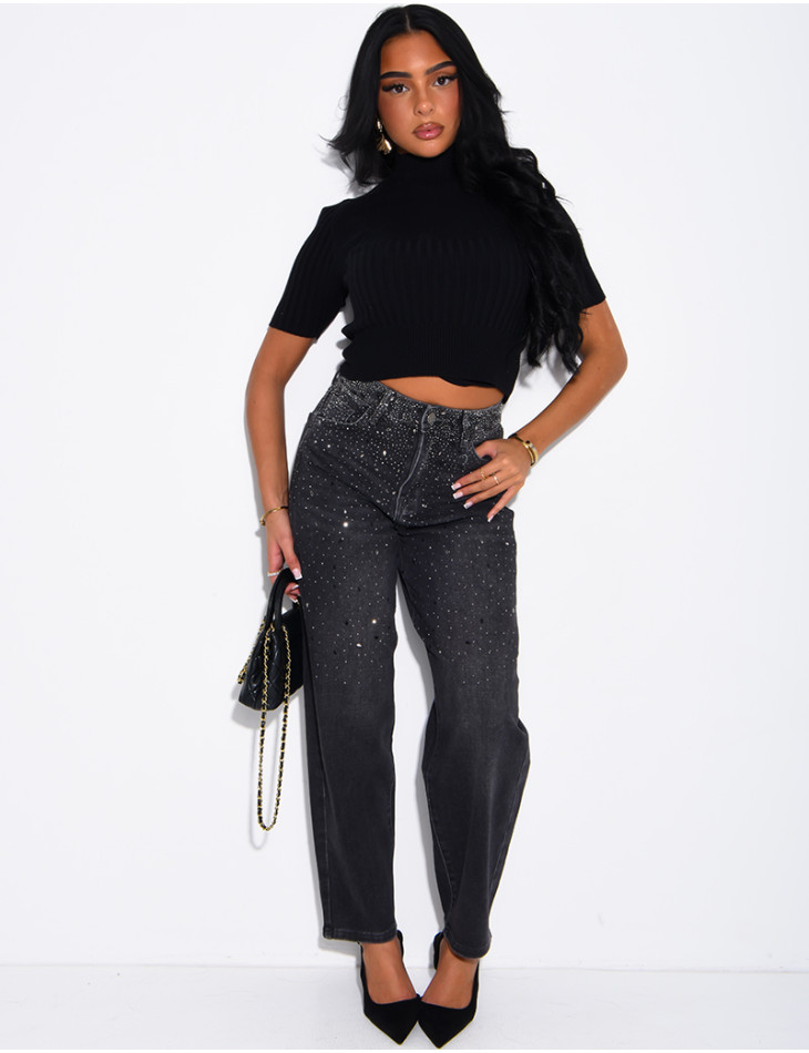Jeans barrel délavé à strass