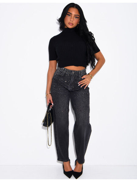 Jeans barrel délavé à strass