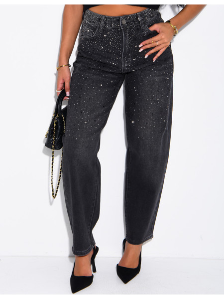 Jeans barrel délavé à strass