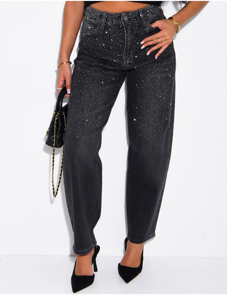 Jeans barrel délavé à strass