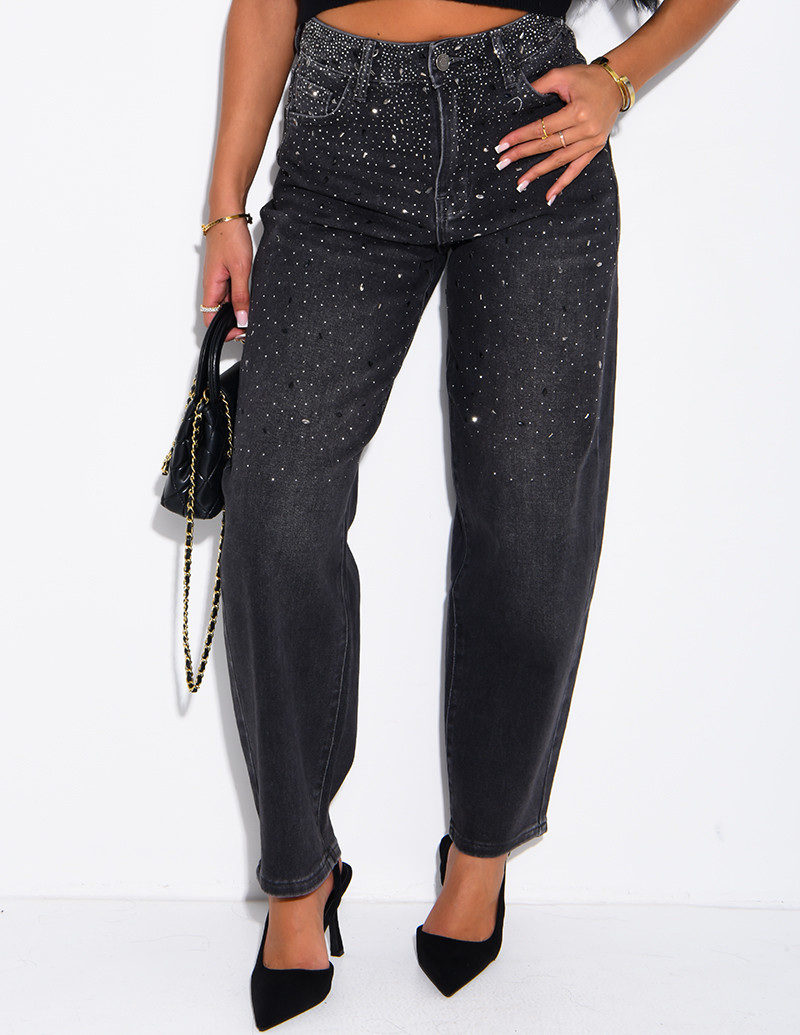 Jeans barrel délavé à strass