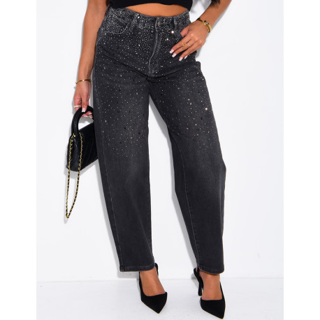 Jeans barrel délavé à strass