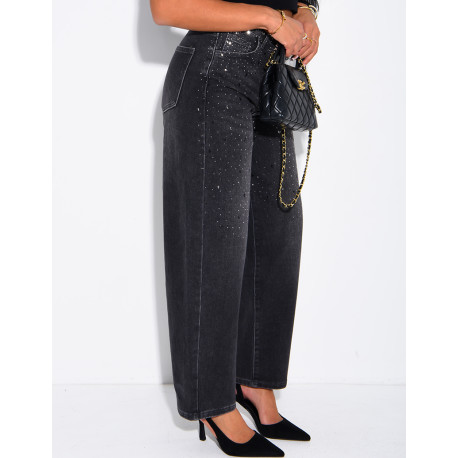 Jeans barrel délavé à strass
