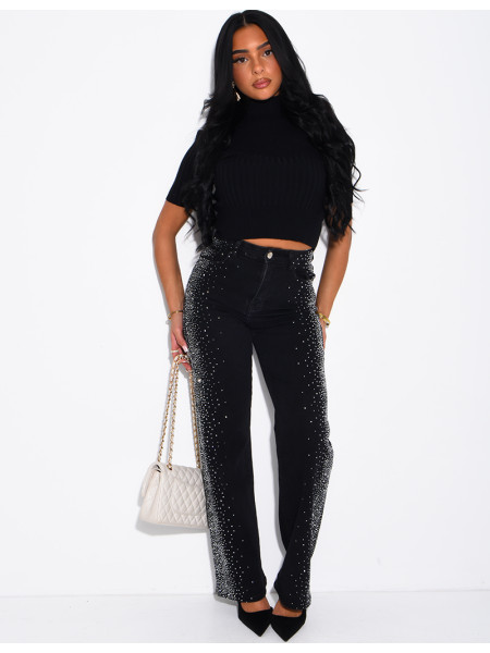 Faded straight-leg jeans with rhinestones