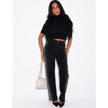 Faded straight-leg jeans with rhinestones