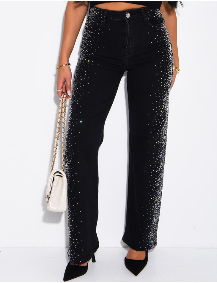Faded straight-leg jeans with rhinestones