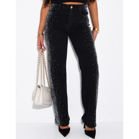 Faded straight-leg jeans with rhinestones