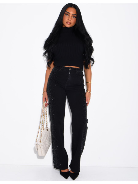 Jeans coupe droite délavé à strass