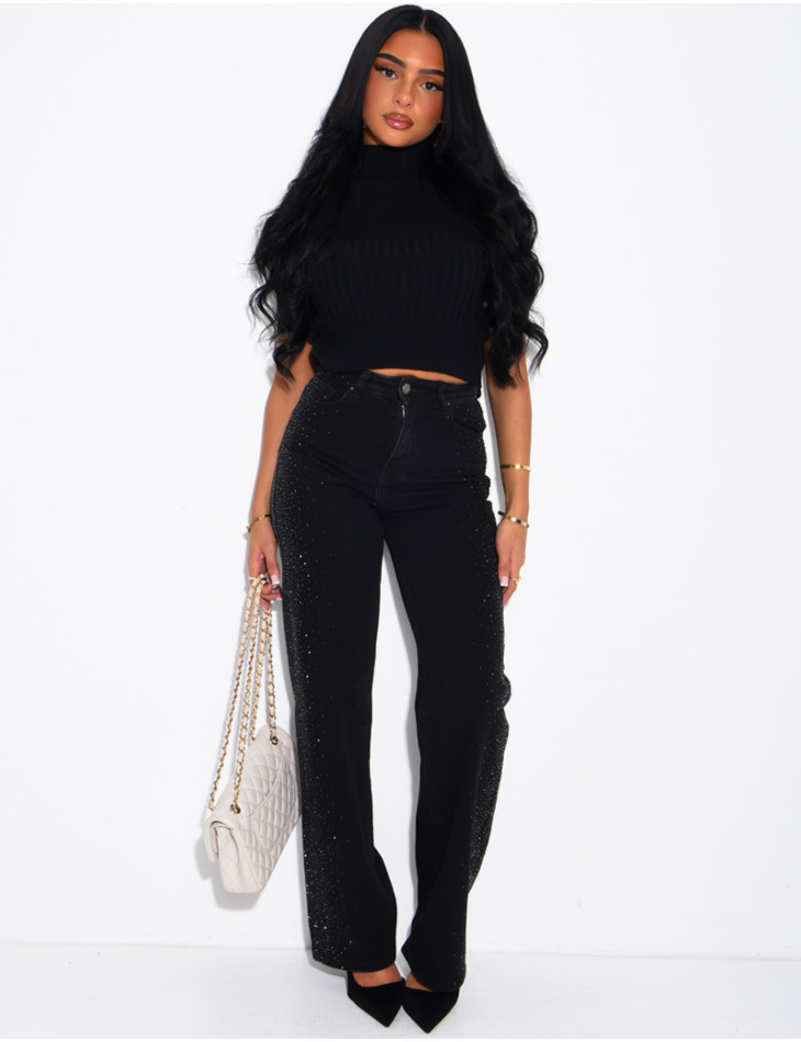 Jeans coupe droite délavé à strass