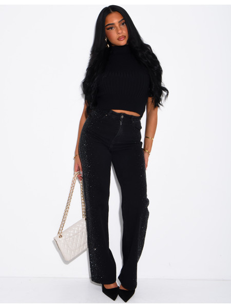 Jeans coupe droite délavé à strass