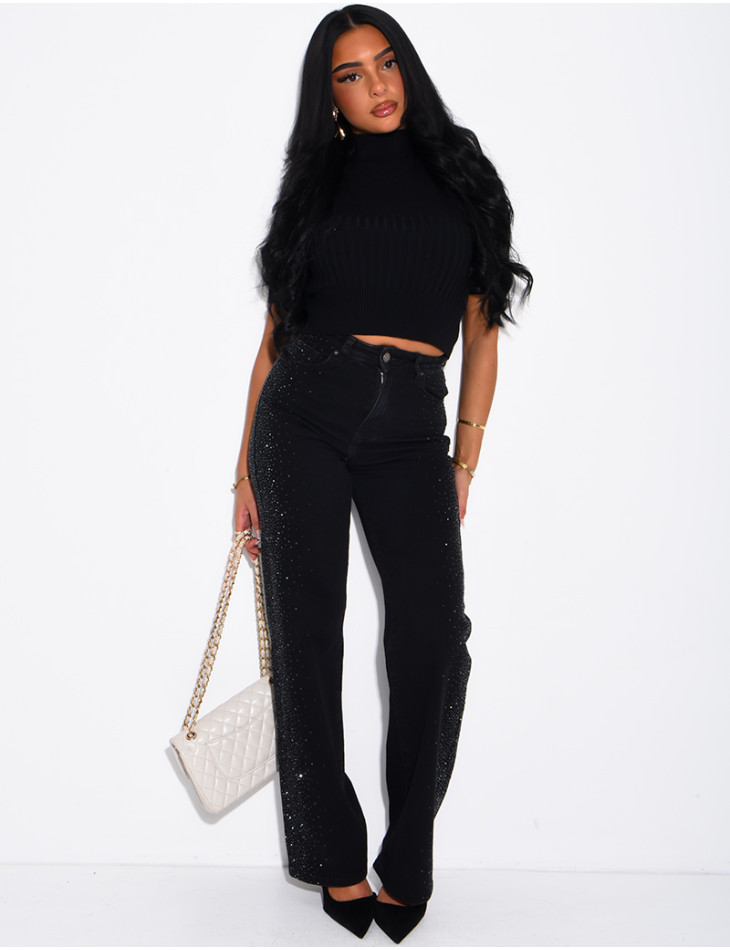 Jeans coupe droite délavé à strass