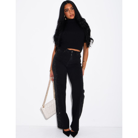 Jeans coupe droite délavé à strass