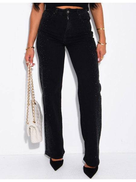 Jeans coupe droite délavé à strass