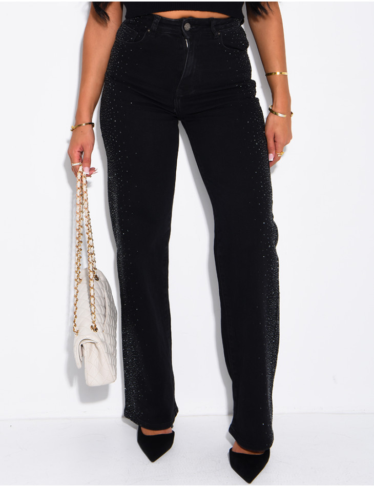 Jeans coupe droite délavé à strass
