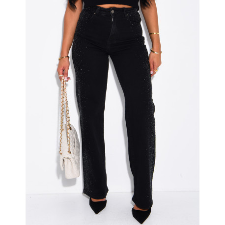 Jeans coupe droite délavé à strass