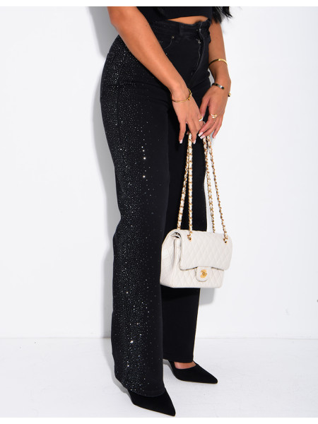 Jeans coupe droite délavé à strass