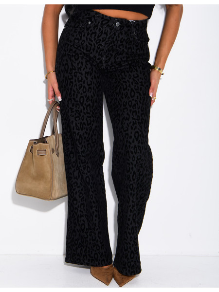High-waisted straight-leg jeans with an embroidered leopard print